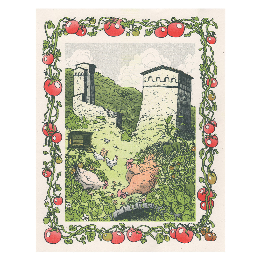 Chickens in the Garden Riso Print